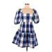 Peter Som Collective Casual Dress - A-Line Square 3/4 sleeves: Blue Checkered/Gingham Dresses - Women's Size 6