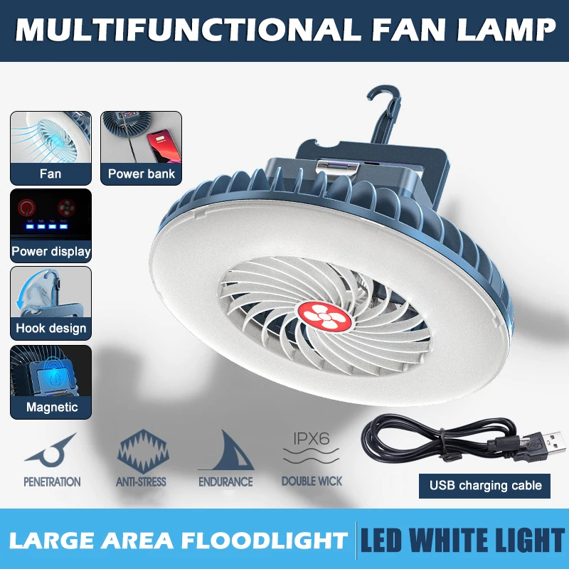 Multifunktionale wasserdichte Zeltventilator wiederaufladbare Campinglampe Nachtmarkt Standlampe Outdoor Lüfterlampe tragbare Laterne