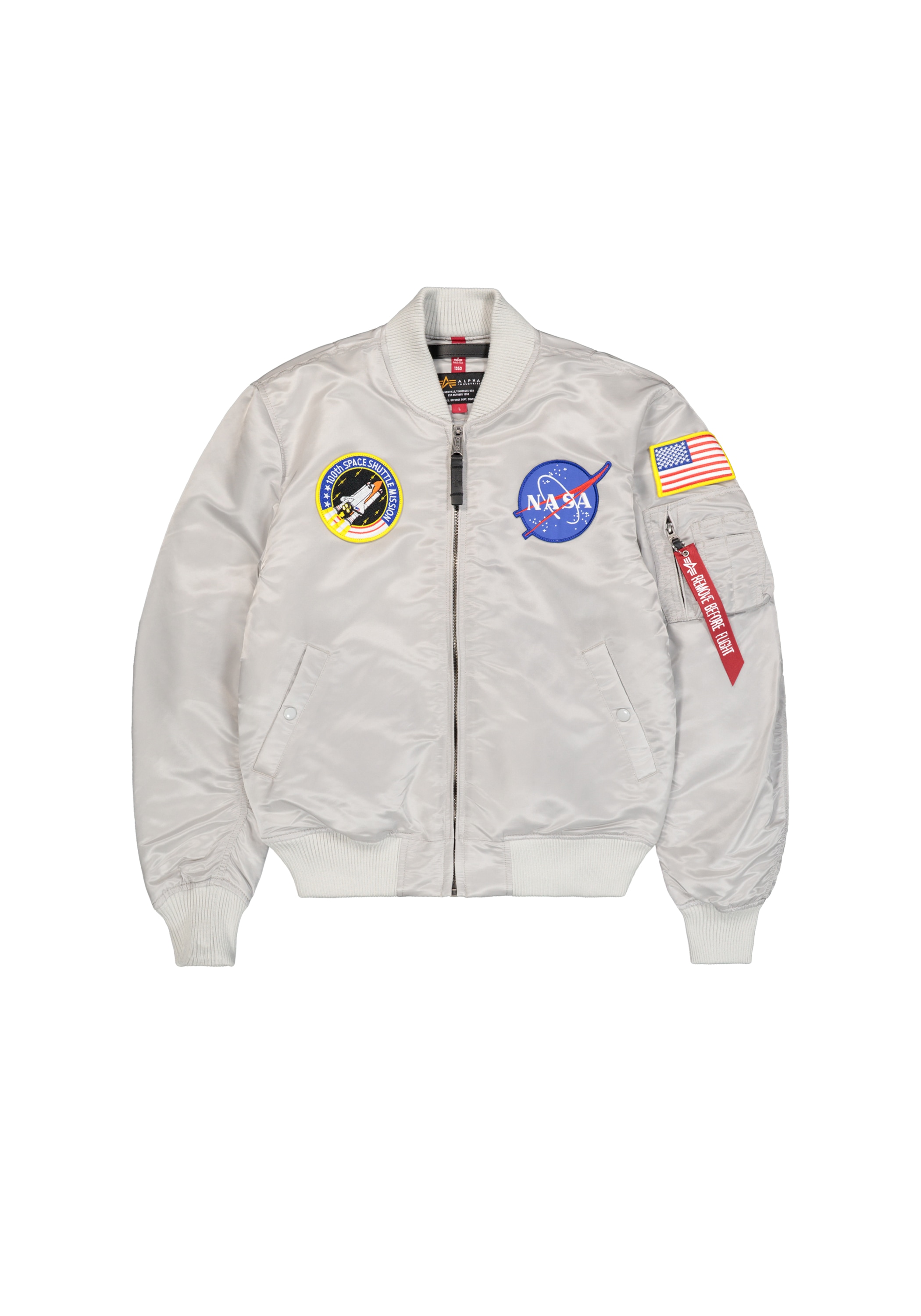 Bomberjacke ALPHA INDUSTRIES "MA-1 VF Vintage Fit NASA", Herren, Gr. M, grau (pastel grau), Obermaterial: 100% Nylon, Futter: 100% Nylon, Füllung: 100% Polyester, Jacken