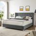 King Bed Frame with Button Nailhead Tufted Headboard, Upholstered Platform Bed with Wood Slat Support and Metal Legs, Gray