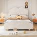 Full Size Kids Bed Velvet Upholstered Bed Frame, Spherical Foot of Bed Wooden Platform Bed with Cloud-Shaped Bed Board, Beige