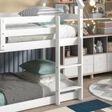 Low Bunk Bed Twin Over Twin, Floor House Bunk Bed w/ Roof and Safety Guardrail, Twin Bunk Bed Frame with Ladder for Kids, White