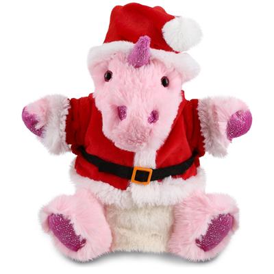 DolliBu Santa Unicorn Stuffed Animal Plush Hand Puppet w/ Santa Outfit - 9 inches