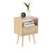 Natural Rattan End Table Nightstand with Drawer and Open Storage Shelf, Modern Side Table with Solid Wood Legs for Bedroom