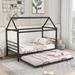 Steel Bedframe with Trundle, Twin Size Metal House Platform Bed with Roof for Kids Teens Bedroom, Solid Metal Slats Support