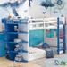 Creativity Kids Bed Boat-Shaped Bunk Bed with Storage Shelves, Boat-Shaped Theme Bed Loft Bed, Twin over Twin, White/ Blue