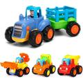 Friction Powered Cars - Push and Go Toys Car Construction Vehicles Toys Set of 4 Tractor Cement Mixer Bulldozer & Dump Truck