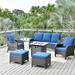 OVIOS Brown Wicker 6-piece Patio Furniture Set With Fire Pit Navy Blue