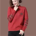 Autunno inverno maglione rosso lavorato a maglia donna abbigliamento Casual ricamato maglioni larghi