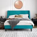 Red Barrel Studio® Toderick Platform Bed w/ Deluxe Wingback & Linen Blend Upholstered/Metal in Blue | 44.9 H x 57.1 W x 77.4 D in | Wayfair