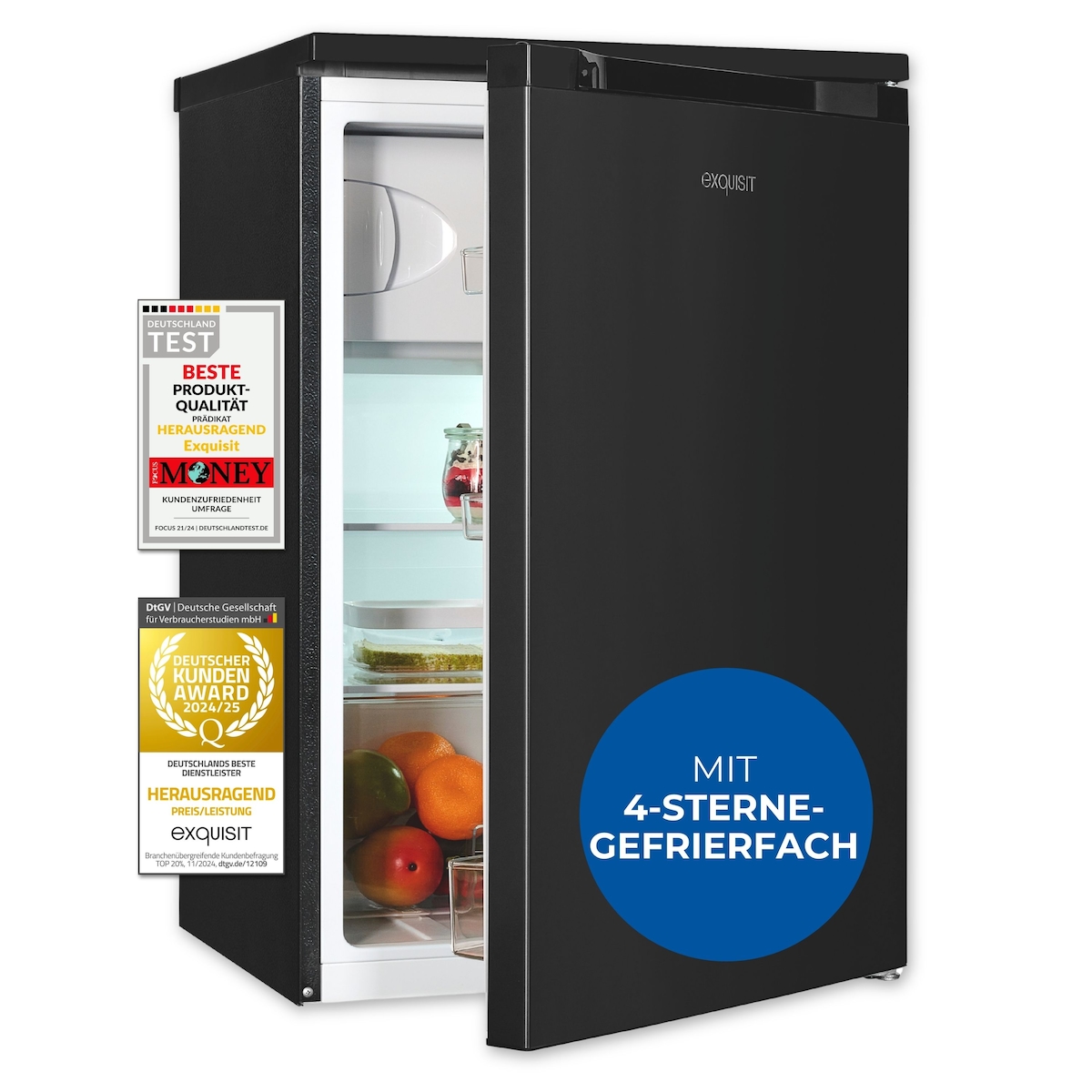 Exquisit Kühlschrank mit Gefrierfach, 107 Liter, kleiner Kühlschrank, 4-Sterne-Gefierfach, Kompakt, Freistehend, KS516-4-051C inoxlook-az Image