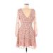 BB Dakota Casual Dress - A-Line Plunge Long sleeves: Pink Floral Dresses - Women's Size 6