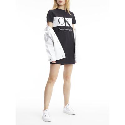Shirtkleid CALVIN KLEIN JEANS "BLOCKING T-SHIRT DRESS", Damen, Gr. S (36), N-Gr, schwarz (ck schwarz), Jersey, Obermaterial: 100% Baumwolle, unifarben, feminin, regular fit ca. Mitte Oberschenkel, Rundhals, Kurzarm, Kleider, mit großer Stickerei Image