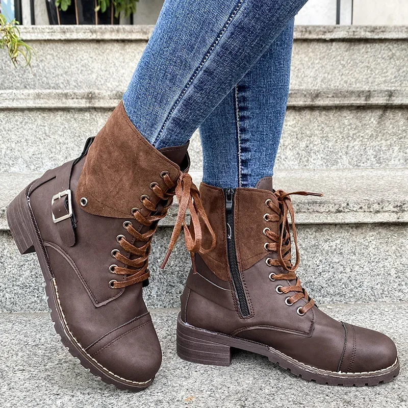 Herbst Vintage Stiefeletten Frauen Neue Einfarbig Lace Up Casual frauen Schuhe Weibliche Platz Ferse Runde Kappe Stiefel