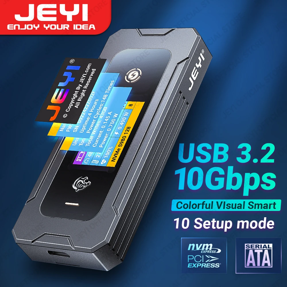 Jeyi visual smart m.2 nvme/sata ssd gehäuse, usb 3,2 10gbps 10 set modi echtzeit temperatur unterstützung m-key b m key uasp Image