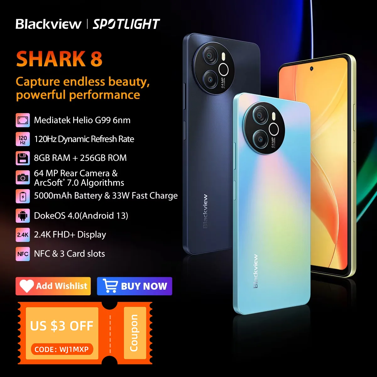 Blackview SHARK 8 entsperrtes Smartphone Android13 Handy, Helio G99 16 GB 128 GB/256 GB, 6,78 Zoll 2,4 K Display 64 MP Handy NFC