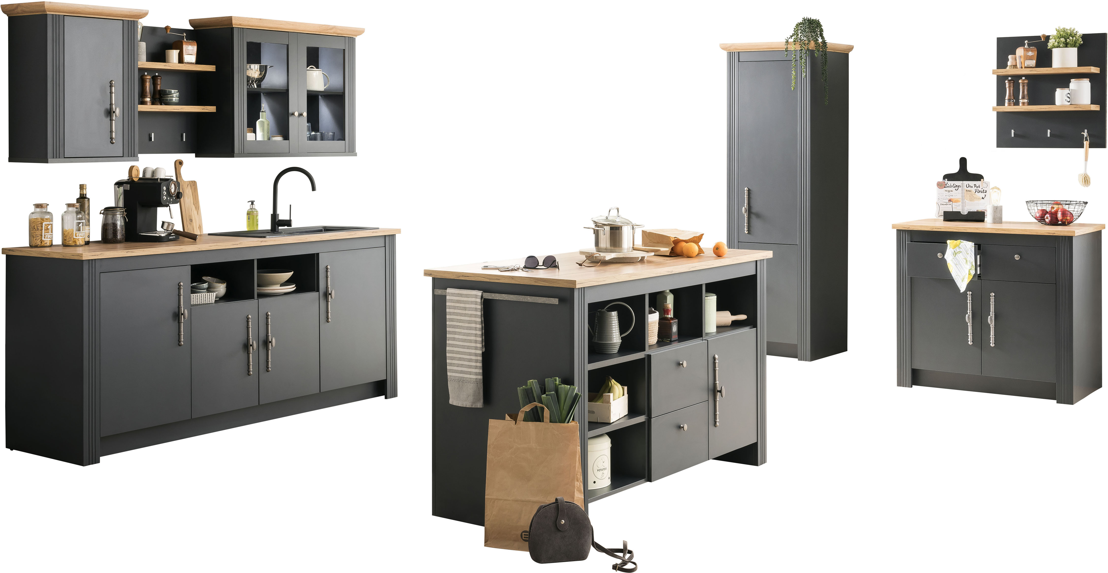 Küche KOCHSTATION "KS-Westminster", grau (küche: grau, korpus: grau dunkel, arbeitsplatte: eiche wotanfarben), B:366cm T:60cm, Komplettküchen-Sets, Breite 366 cm, ohne E-Geräte Image