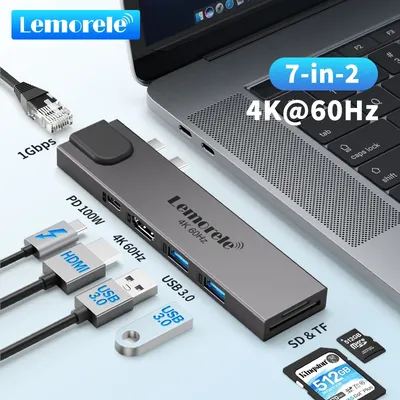 LemoreleTC47 USB Type C HUB Dual USB-C to HDMI RJ45 USB PD 3.0 SD for MacBook Pro Air Adapter Thunderbolt 3 Dock USB C 3.0 Type-