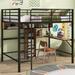 Full Size Metal & Wood Loft Bed with L -shaped desk and shelves, Black and Brown