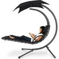Outdoor Hanging Curved Steel Chaise Lounge Chair Swing w/Built-in Pillow and Removable Canopy - Black