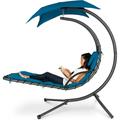 Outdoor Hanging Curved Steel Chaise Lounge Chair Swing w/Built-in Pillow and Removable Canopy - Peacock Blue