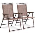 Set of 2 Patio Folding Chairs Sling Chairs Indoor Outdoor Lawn Chairs Camping Garden Pool Beach Yard Lounge Chairs w/Armrest Patio Dining Chairs Metal Frame No Assembly Brown