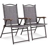 Set of 2 Patio Folding Chairs Sling Chairs Indoor Outdoor Lawn Chairs Camping Garden Pool Beach Yard Lounge Chairs w/Armrest Patio Dining Chairs Metal Frame No Assembly Grey