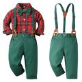 Children s Bowknot Lapel Plaid Long-Sleeved Single-Breasted Shirt Fashion Suspenders Trousers Little Gentleman 2-Piece Set