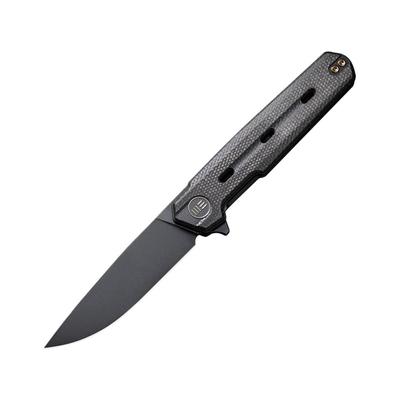 We Knife Co Ltd Navo Black Micarta Folding Knife 4.5in Closed 3.25in Black Stonewash CPM-20CV Stainless Steel Blade Black Canvas Micarta Handle Nylon