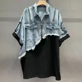 Harajuku donne Turn Down Collar Denim impiombato t-shirt estate di media lunghezza manica corta