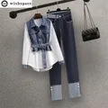 Pantaloni da donna eleganti coreani popolari stile Street Set camicia di Jeans di moda Jeans blu Set