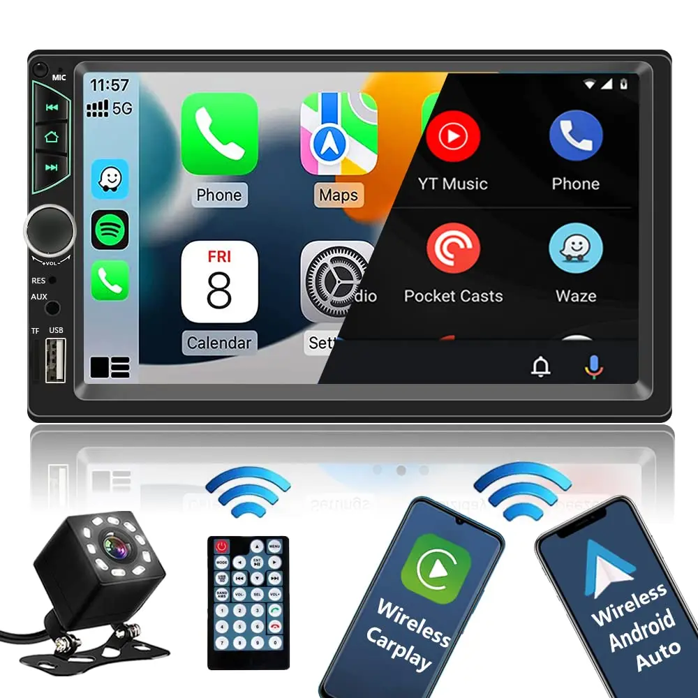 Autoradio touch screen HD da 7 pollici 2 Din Lettore video per auto di alta qualità CarPlay wireless Android Auto con fotocamera posteriore Bluetooth