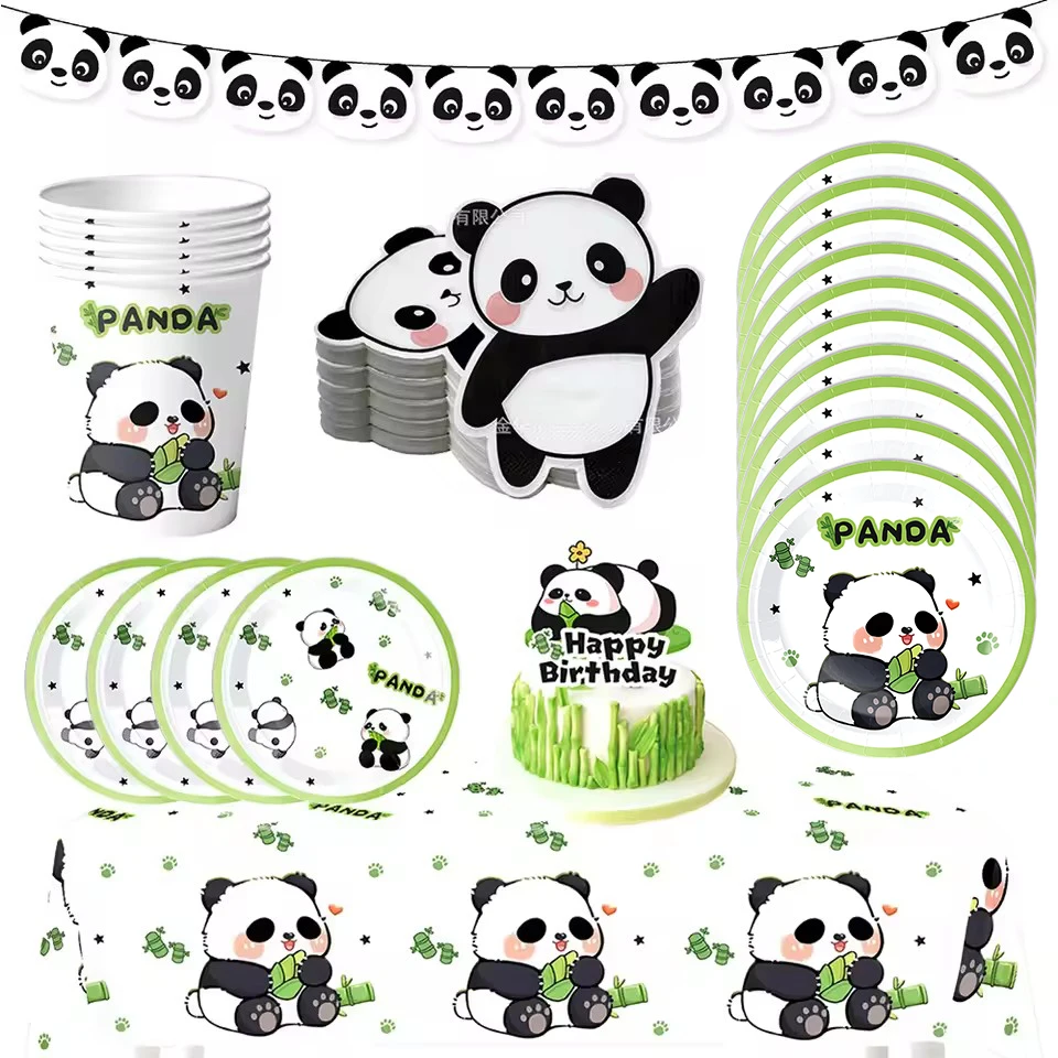 Forniture per feste di compleanno Panda Set di stoviglie usa e getta Panda con piatti di carta Panda, tazze, tovaglioli, cannucce, banner per la festa Panda