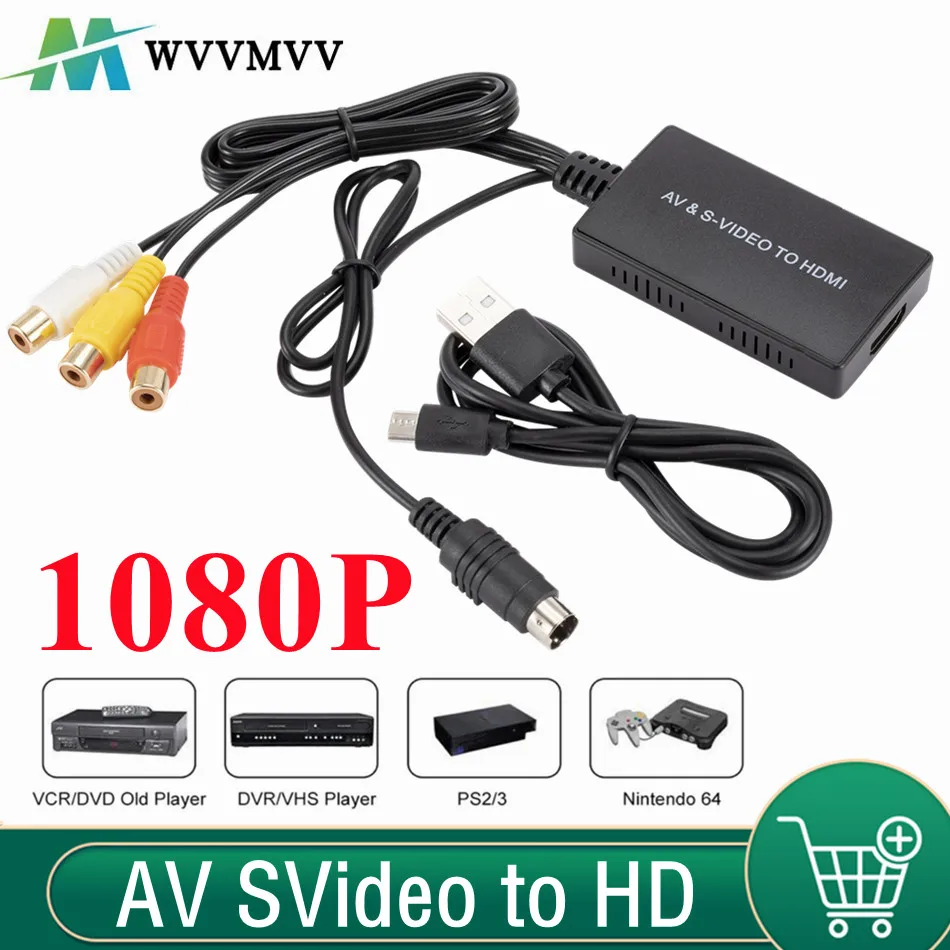 Adattatore compatibile WvvMvv RCA /AV SVIDEO a HDMI per DVD HD TV STB compatibile con PS2/PS3, convertitore video AV S-VIDEO 720P /1080P