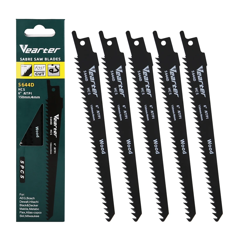 Vearter S644D 5 Pz/set 6 pollici Lame Per Sega Alternativa 6TPI HCS 150mm Sabre Per Il Taglio di Legno PVC Per Bosch Makita Dewalt Strumento FAI DA TE