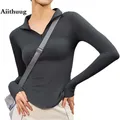 Aiithuug Yoga camicie mezza Zip Yoga manica lunga camicia da Golf vita ad arco vita palestra Top