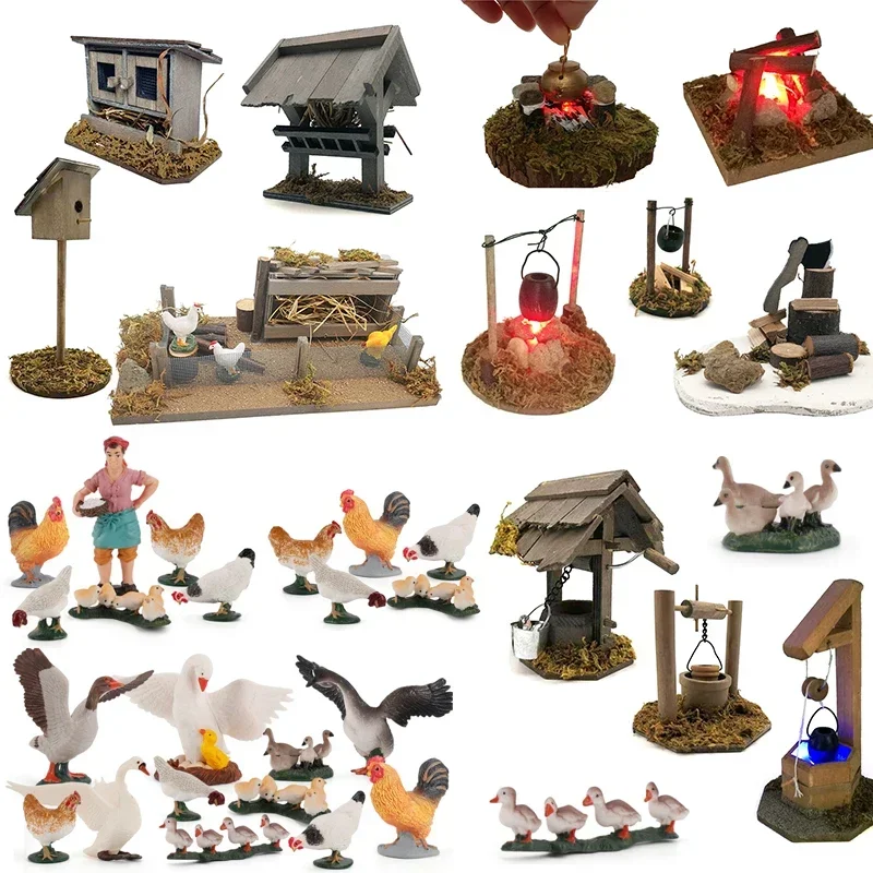 Casa delle bambole Mini casa di pollo in legno Mini falò Manger in miniatura Accessori per casa delle bambole Decorazione del cortile del giardino delle fate
