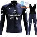 2024 FDJ Team Cycling Jersey Set Mens francia manica lunga blu scuro abbigliamento da ciclismo Road
