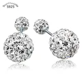 Real Pure Solid 925 Sterling Silver Stud Earrings for Women Jewelry Double Sided Crystal Ball Cubic