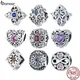 BAMOER Silver Vintage Pattern Charm 925 Sterling Silver Water Drop Bead Square Zirconium Charm for
