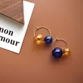 Unique Korean Brief Circle Candy Color Double Glass Balls Asymmetric Mini Hoop Earrings For Women