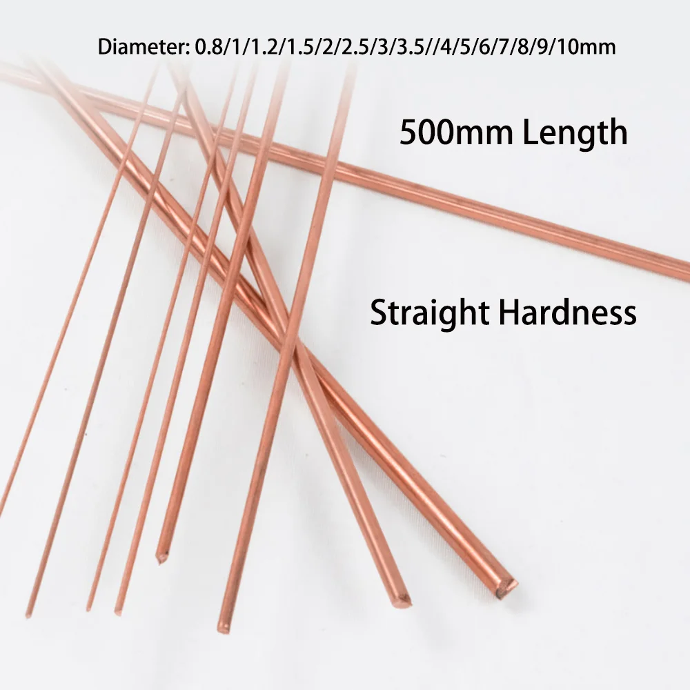 500mm Length T2 Copper Rod Dia 0.8/1/2/3/4/5/6/7/8/9/10mm Brass Metal Round Bar Hard And Unbending Solid Pure Coppers Rods DIY