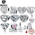 BISAER 925 Sterling Silver Heart Mom Charm Bead Love Pendant Plated Platinum Fit Mother's Day