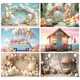 Laeacco Blue Sky Cloud Balloons Car Birthday Photography Backdrop Colorful Balloons Rainbow Arch