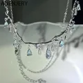 ANENJERY Micro-set Blue Water Drop Zirconia Necklace for Women Light Luxury Design Niche Shiny