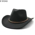 Winter Roll Up Brim Western Cowboy Hat With Leather Retro Gentleman Lady Jazz Cowgirl Cap Church