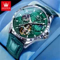 OLEVS Brand Fashion Green Dial Moon Phase Mechanical Watch for Men Leather Strap Waterproof Starry