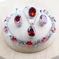 925 Silver Bridal Jewelry Sets Red Zirconia For Women Wedding Necklace Earrings Rings Bracelets