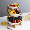 3 Tiers Ceramic Fruit Basket Bowl Set w/ Wooden Stand Rack Candy Dish Serving Kitchen Fruit Bowl
