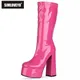 SIMLOVEYO INS Brand Luxury Designer Platform Block High Heels Patent Leather Mid Calf Boots Candy